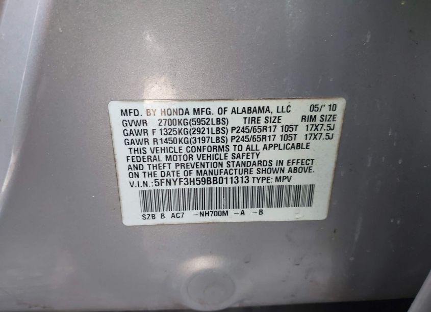 Photo 9 of 2011 Honda Pilot EX-L (VIN 5FNYF3H59BB011313)