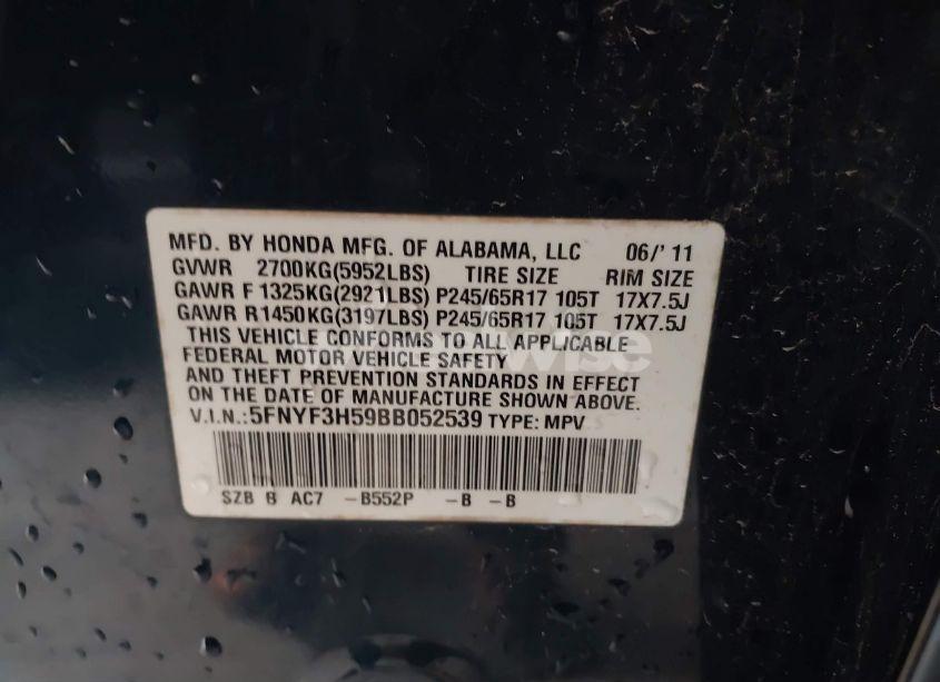 Photo 9 of 2011 Honda Pilot EX-L (VIN 5FNYF3H59BB052539)