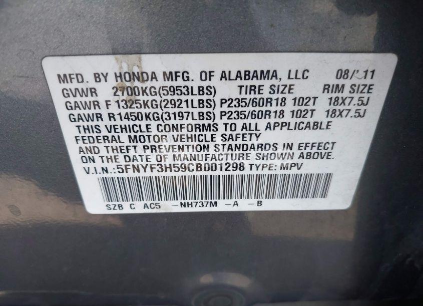 Photo 9 of 2012 Honda Pilot EX-L (VIN 5FNYF3H59CB001298)