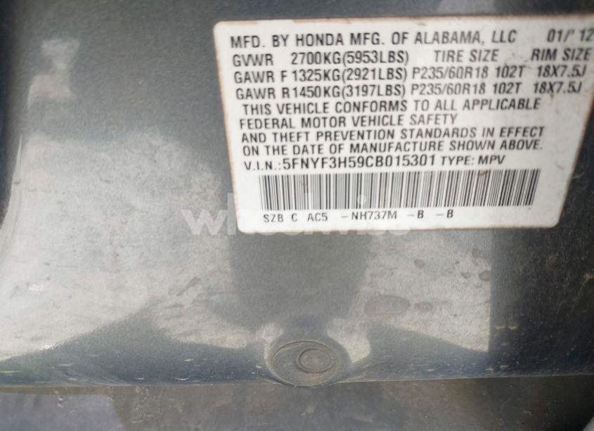 Photo 9 of 2012 Honda Pilot EX-L (VIN 5FNYF3H59CB015301)