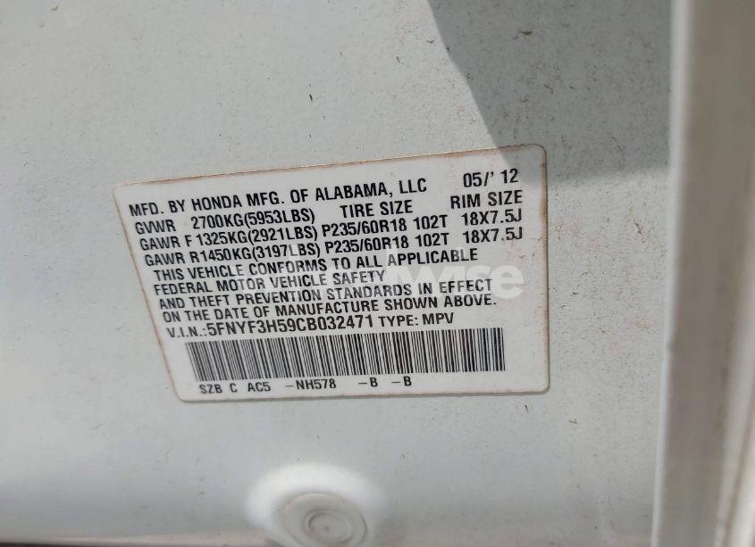 Photo 9 of 2012 Honda Pilot EX-L (VIN 5FNYF3H59CB032471)