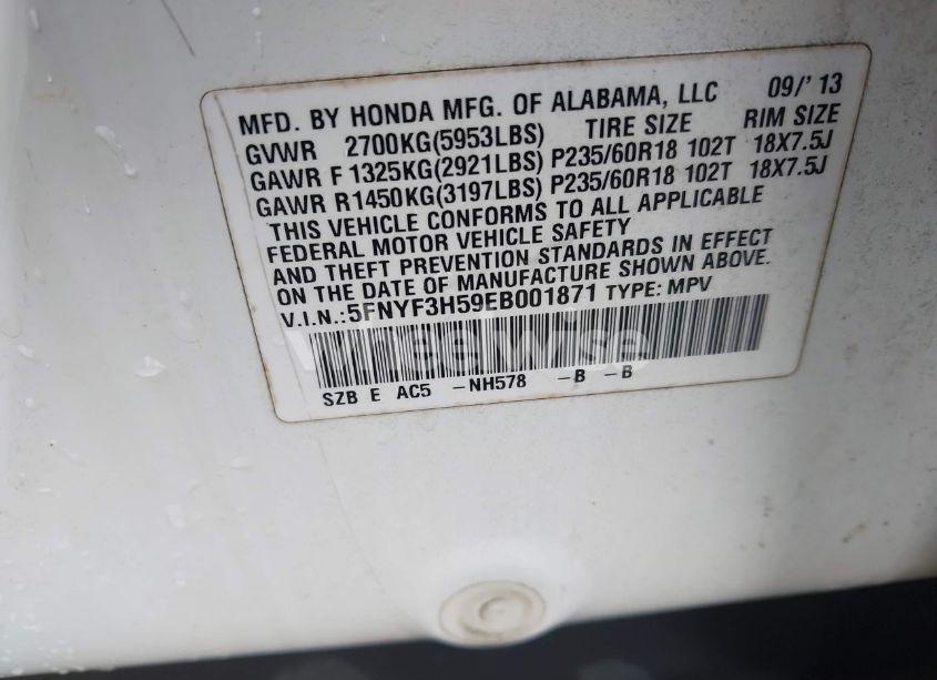 Photo 9 of 2014 Honda Pilot EX-L (VIN 5FNYF3H59EB001871)