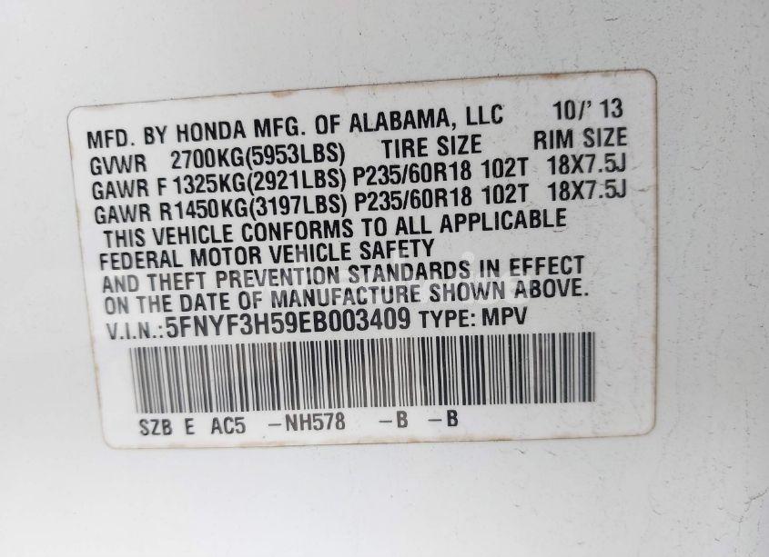 Photo 9 of 2014 Honda Pilot EX-L (VIN 5FNYF3H59EB003409)