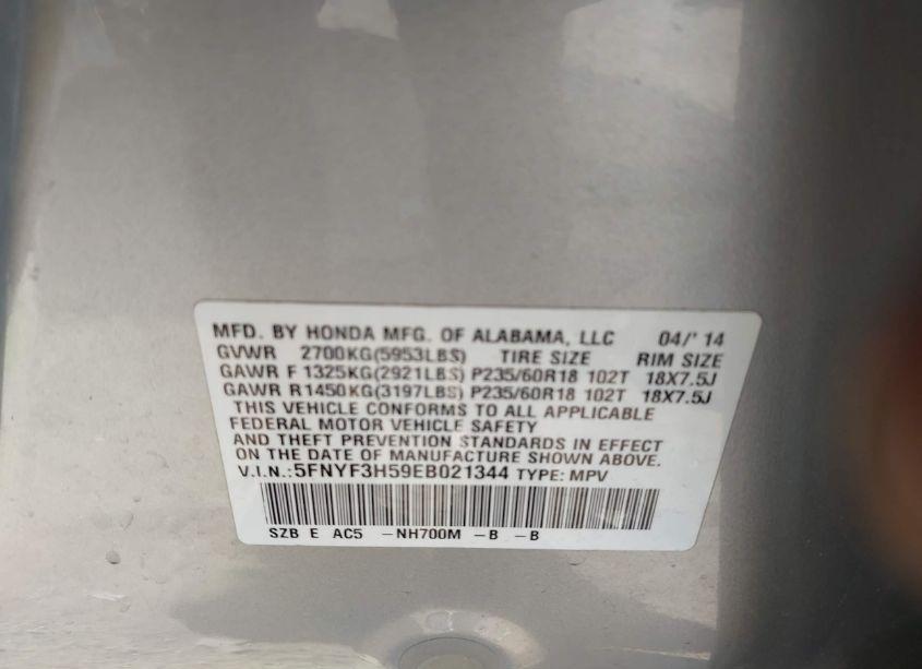 Photo 9 of 2014 Honda Pilot EX-L (VIN 5FNYF3H59EB021344)