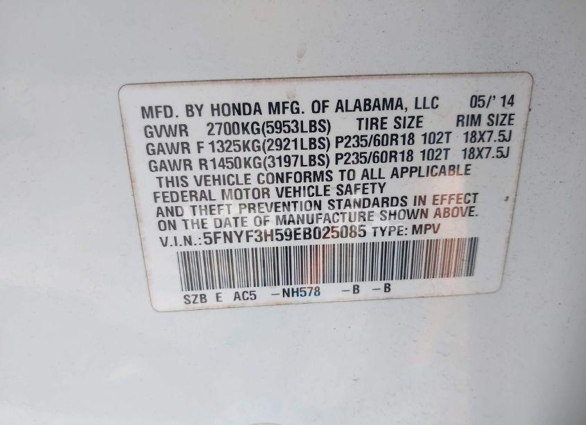 Photo 9 of 2014 Honda Pilot EX-L (VIN 5FNYF3H59EB025085)