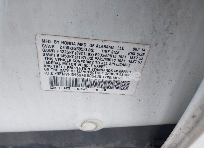 Photo 9 of 2015 Honda Pilot EX-L (VIN 5FNYF3H59FB006439)