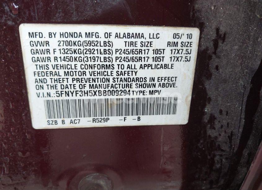 Photo 9 of 2011 Honda Pilot EX-L (VIN 5FNYF3H5XBB009294)