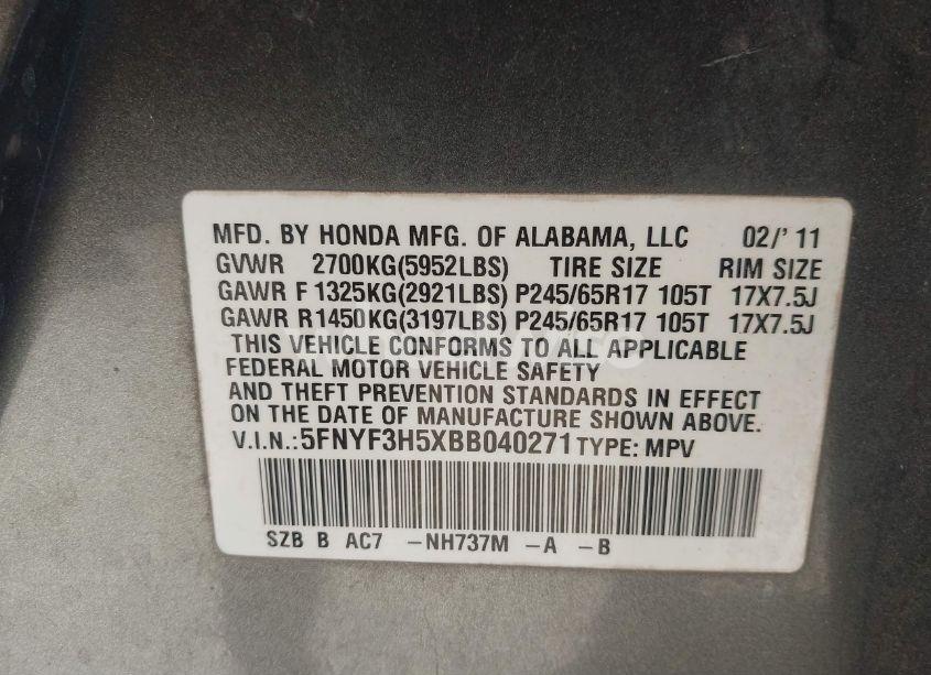 Photo 9 of 2011 Honda Pilot EX-L (VIN 5FNYF3H5XBB040271)