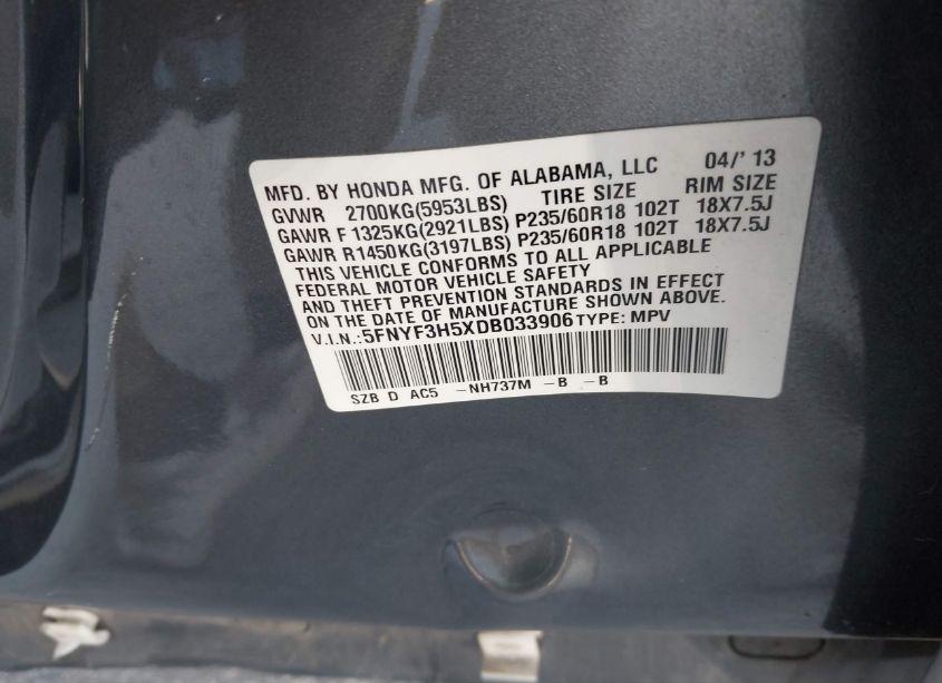 Photo 9 of 2013 Honda Pilot EX-L (VIN 5FNYF3H5XDB033906)