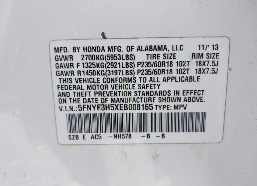 Photo 9 of 2014 Honda Pilot EX-L (VIN 5FNYF3H5XEB008165)