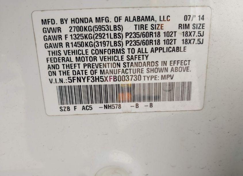 Photo 9 of 2015 Honda Pilot EX-L (VIN 5FNYF3H5XFB003730)