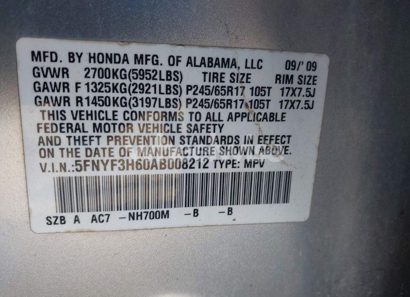 Photo 9 of 2010 Honda Pilot EX-L (VIN 5FNYF3H60AB008212)