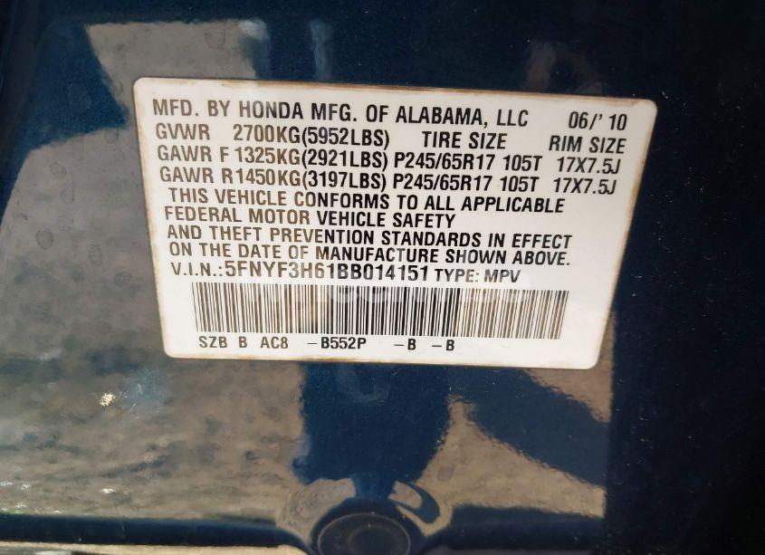 Photo 9 of 2011 Honda Pilot EX-L (VIN 5FNYF3H61BB014151)