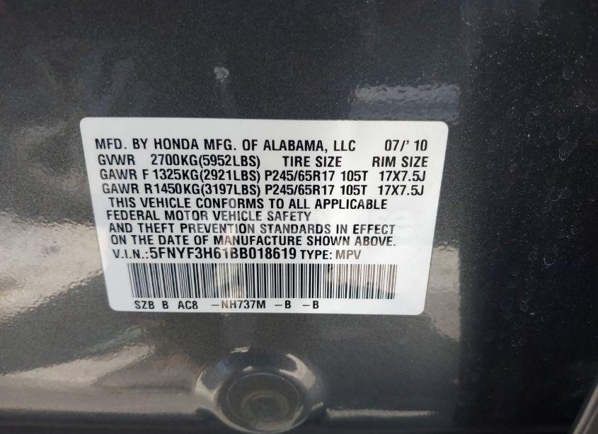 Photo 9 of 2011 Honda Pilot EX-L (VIN 5FNYF3H61BB018619)