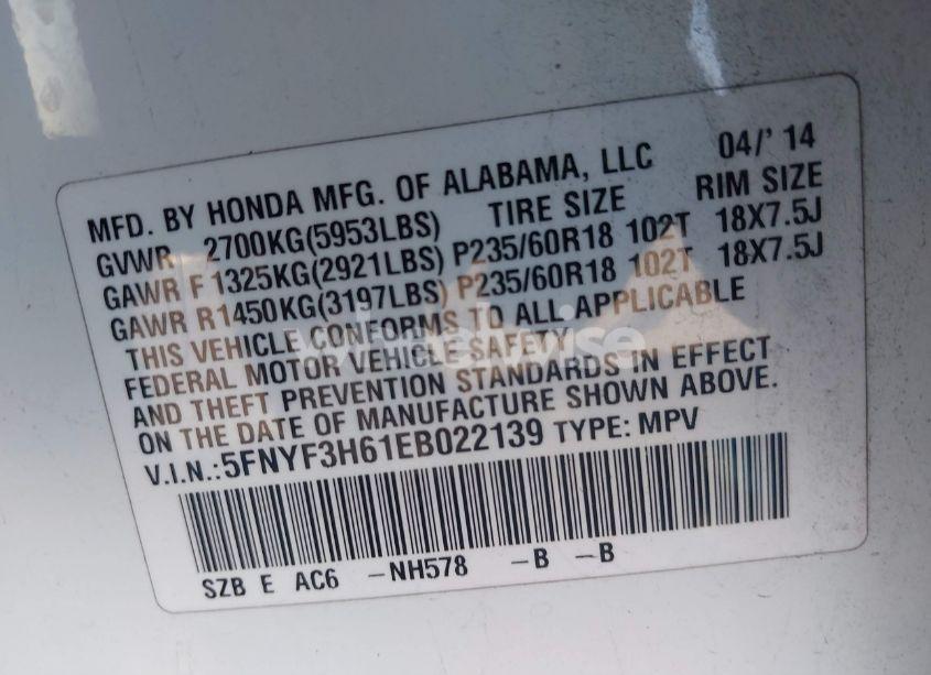 Photo 9 of 2014 Honda Pilot EX-L (VIN 5FNYF3H61EB022139)