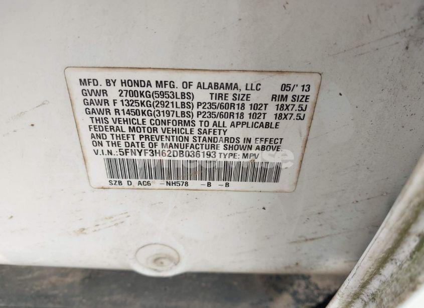 Photo 9 of 2013 Honda Pilot EX-L (VIN 5FNYF3H62DB036193)