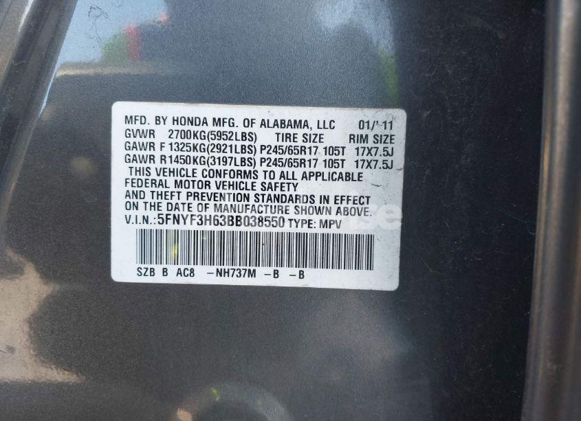 Photo 9 of 2011 Honda Pilot EX-L (VIN 5FNYF3H63BB038550)