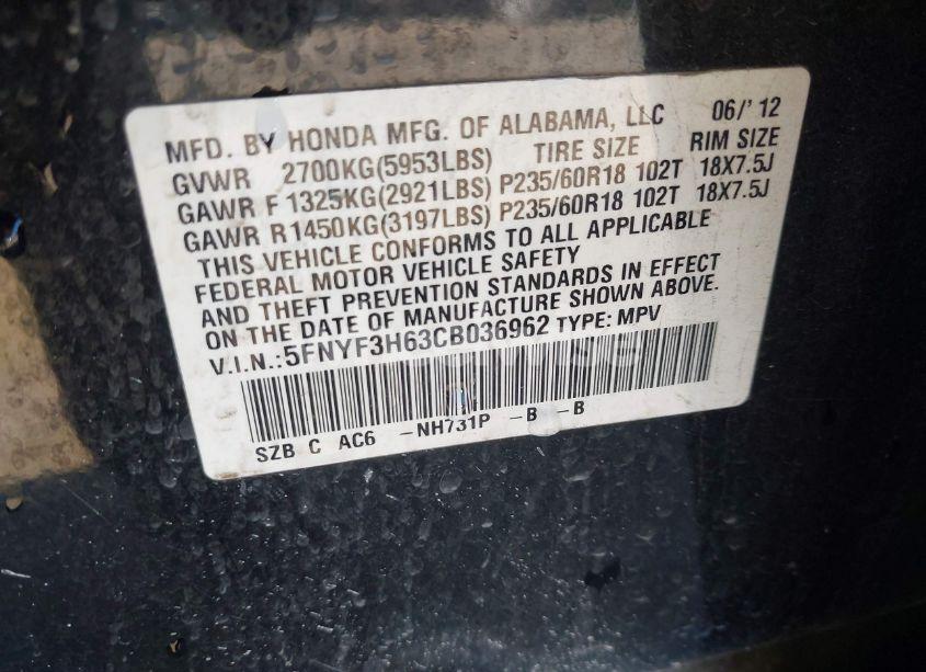 Photo 9 of 2012 Honda Pilot EX-L (VIN 5FNYF3H63CB036962)