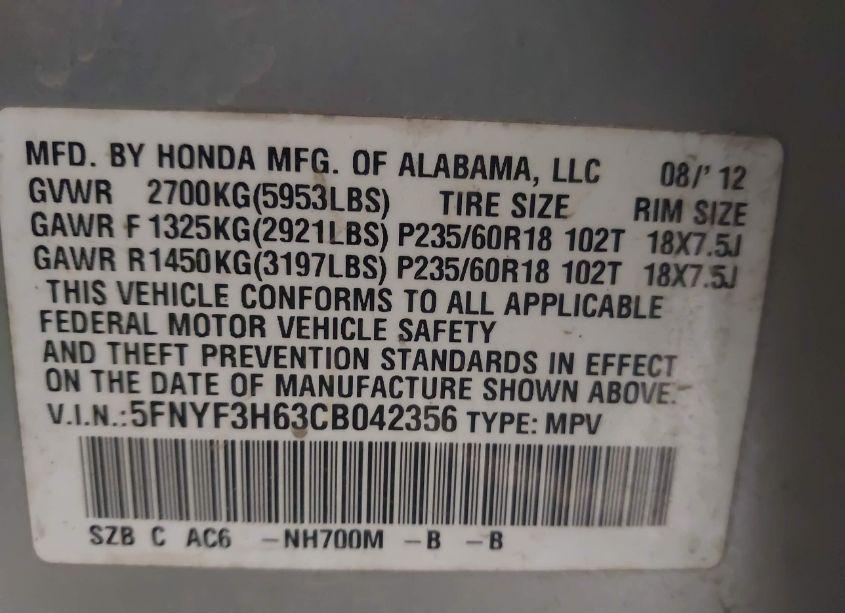 Photo 9 of 2012 Honda Pilot EX-L (VIN 5FNYF3H63CB042356)