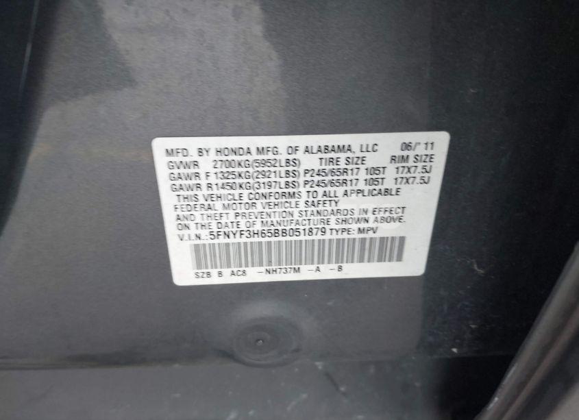 Photo 9 of 2011 Honda Pilot EX-L (VIN 5FNYF3H65BB051879)