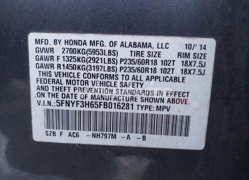 Photo 9 of 2015 Honda Pilot EX-L (VIN 5FNYF3H65FB016281)