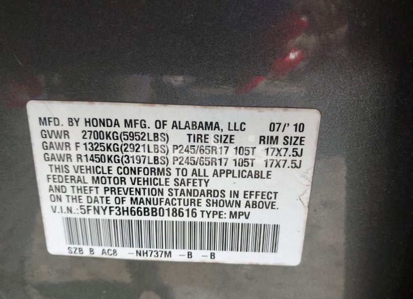 Photo 9 of 2011 Honda Pilot EX-L (VIN 5FNYF3H66BB018616)