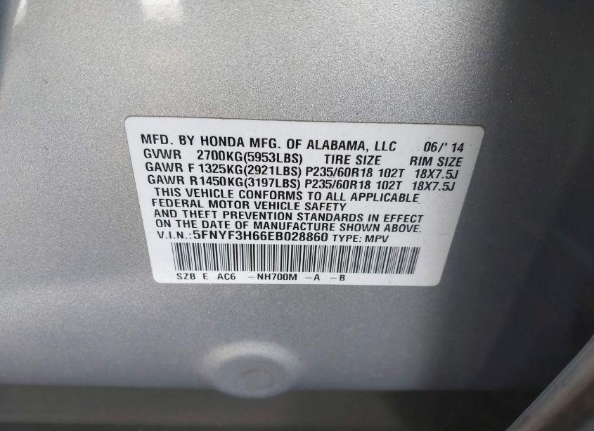 Photo 9 of 2014 Honda Pilot EX-L (VIN 5FNYF3H66EB028860)