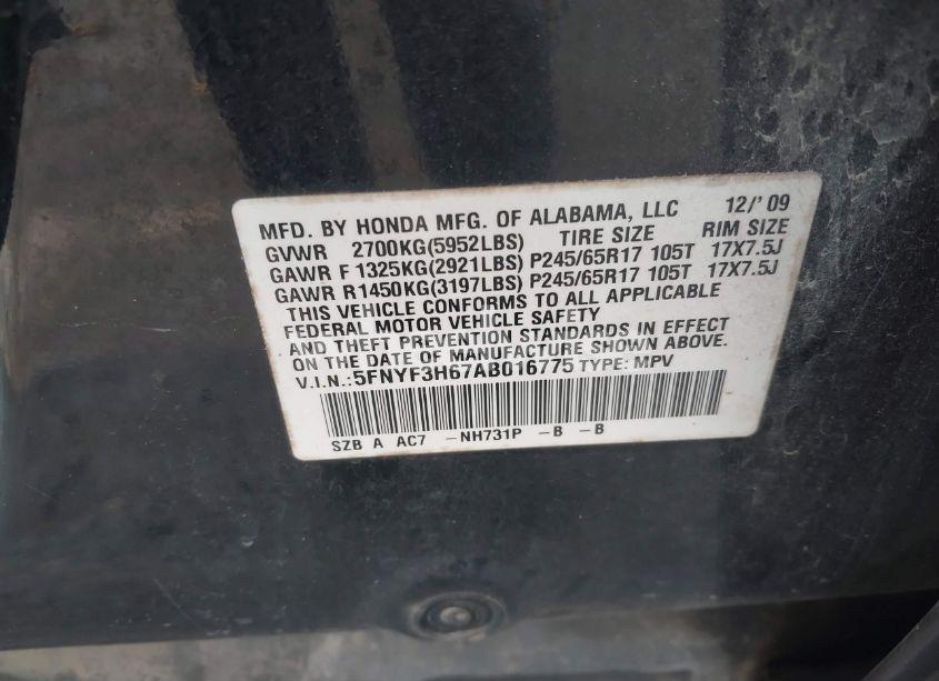 Photo 9 of 2010 Honda Pilot EX-L (VIN 5FNYF3H67AB016775)