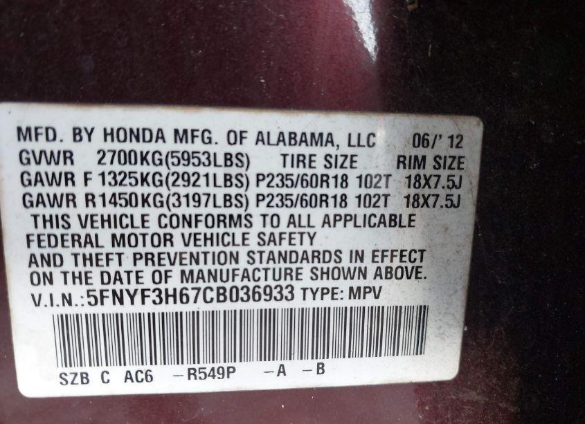 Photo 9 of 2012 Honda Pilot EX-L (VIN 5FNYF3H67CB036933)