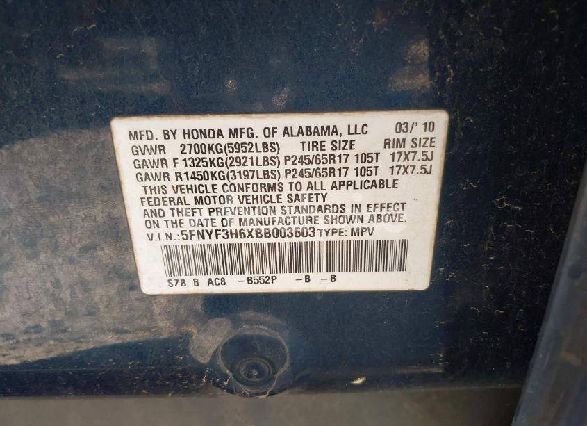 Photo 9 of 2011 Honda Pilot EX-L (VIN 5FNYF3H6XBB003603)