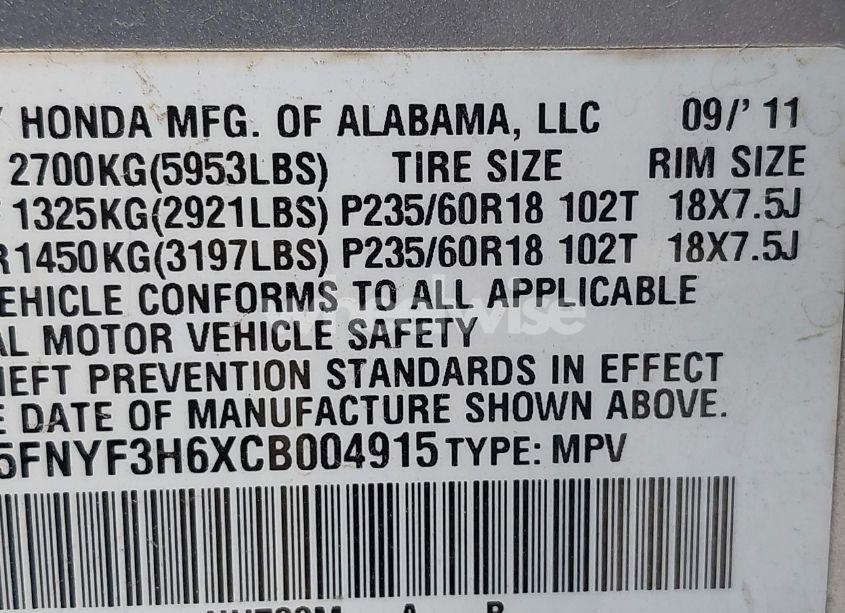 Photo 9 of 2012 Honda Pilot EX-L (VIN 5FNYF3H6XCB004915)