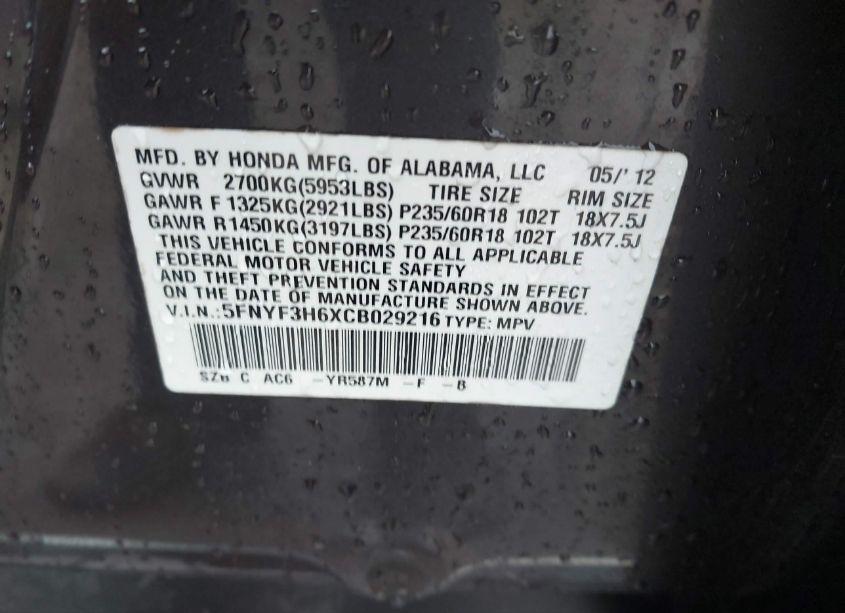 Photo 9 of 2012 Honda Pilot EX-L (VIN 5FNYF3H6XCB029216)