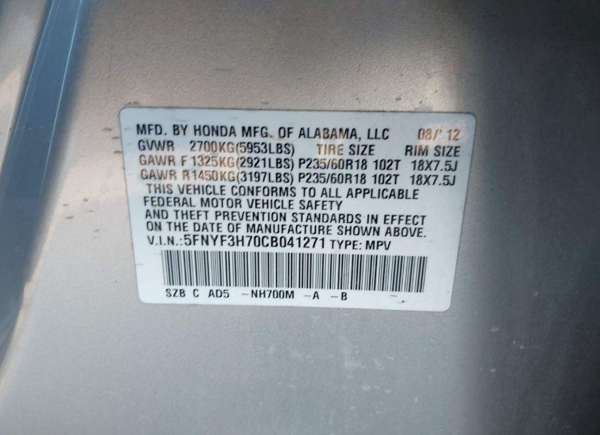 Photo 9 of 2012 Honda Pilot EX-L (VIN 5FNYF3H70CB041271)