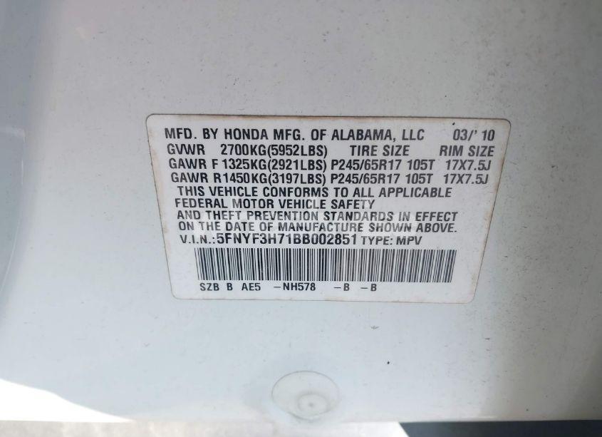 Photo 9 of 2011 Honda Pilot EX-L (VIN 5FNYF3H71BB002851)