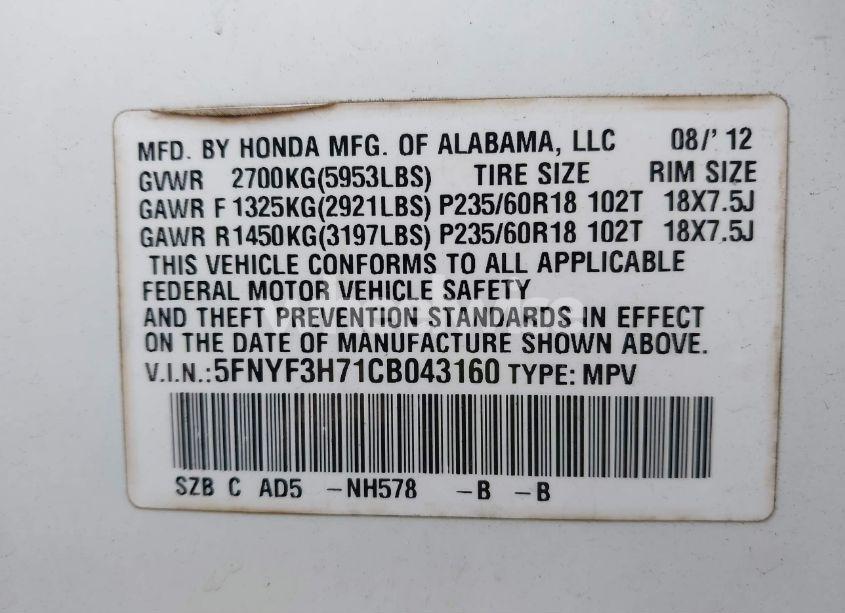 Photo 9 of 2012 Honda Pilot EX-L (VIN 5FNYF3H71CB043160)