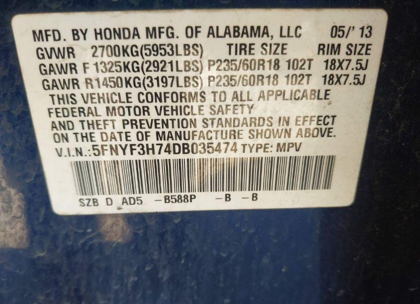 Photo 9 of 2013 Honda Pilot EX-L (VIN 5FNYF3H74DB035474)