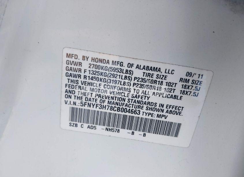 Photo 9 of 2012 Honda Pilot EX-L (VIN 5FNYF3H78CB004663)