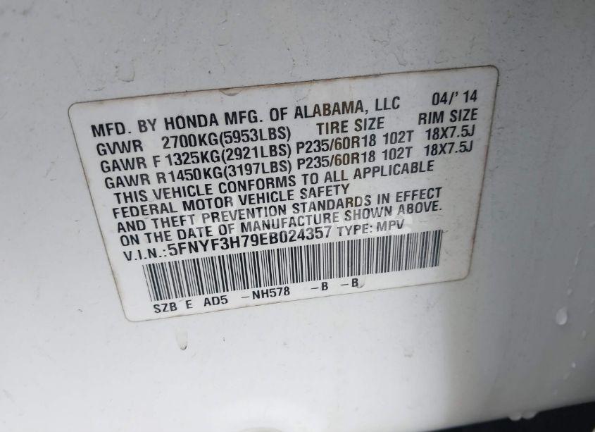 Photo 9 of 2014 Honda Pilot EX-L (VIN 5FNYF3H79EB024357)