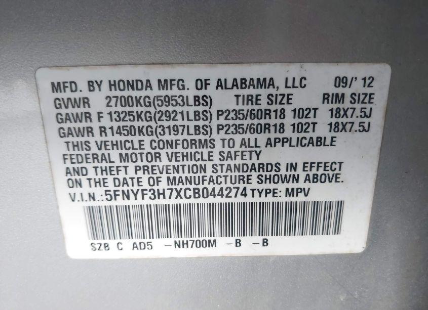 Photo 9 of 2012 Honda Pilot EX-L (VIN 5FNYF3H7XCB044274)