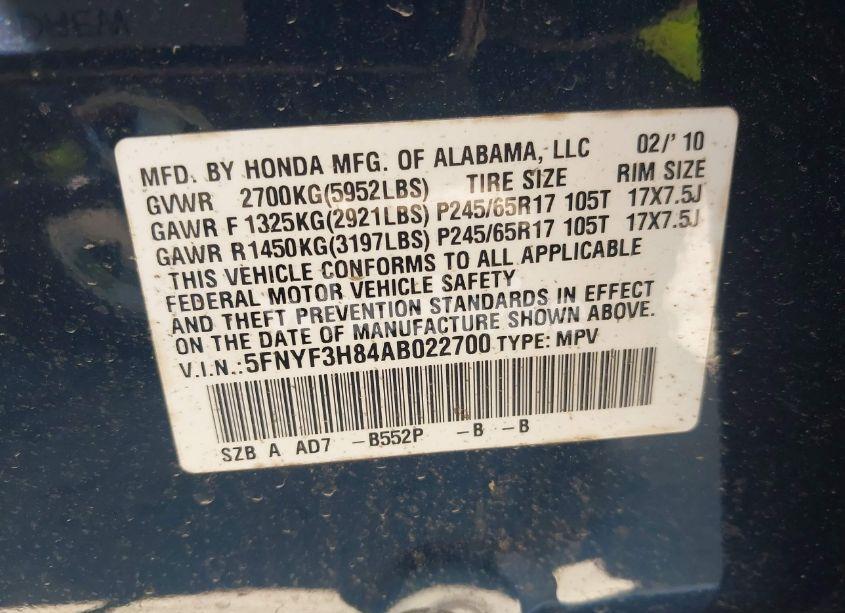 Photo 9 of 2010 Honda Pilot TOURING (VIN 5FNYF3H84AB022700)