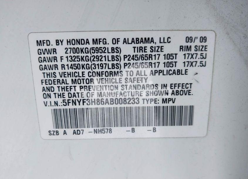 Photo 9 of 2010 Honda Pilot TOURING (VIN 5FNYF3H86AB008233)