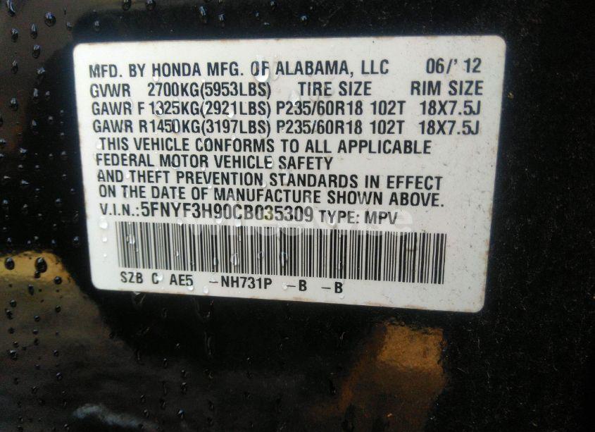 Photo 9 of 2012 Honda Pilot TOURING (VIN 5FNYF3H90CB035309)