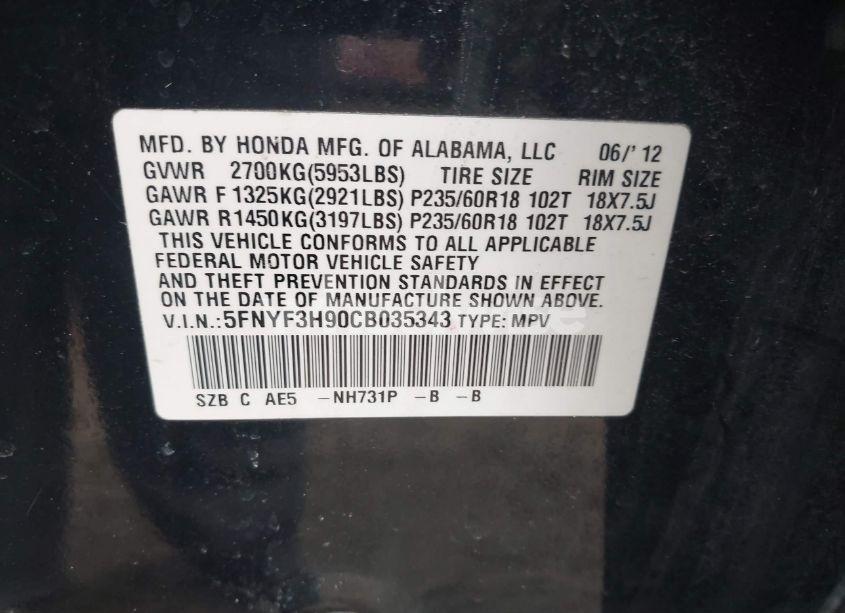 Photo 9 of 2012 Honda Pilot TOURING (VIN 5FNYF3H90CB035343)