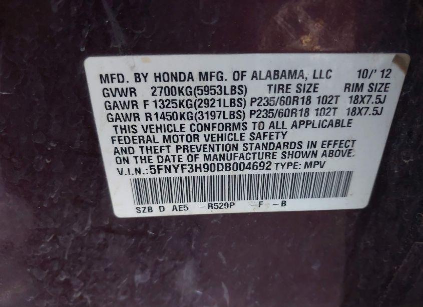 Photo 9 of 2013 Honda Pilot TOURING (VIN 5FNYF3H90DB004692)