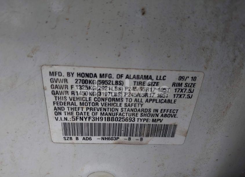 Photo 9 of 2011 Honda Pilot TOURING (VIN 5FNYF3H91BB025693)