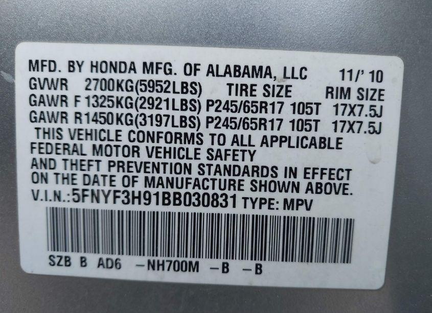 Photo 9 of 2011 Honda Pilot TOURING (VIN 5FNYF3H91BB030831)