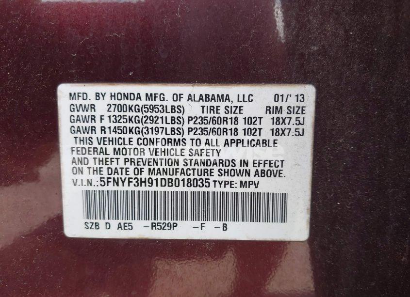 Photo 9 of 2013 Honda Pilot TOURING (VIN 5FNYF3H91DB018035)