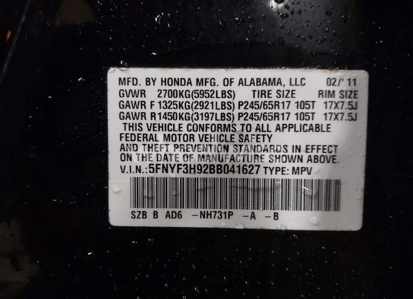 Photo 9 of 2011 Honda Pilot TOURING (VIN 5FNYF3H92BB041627)