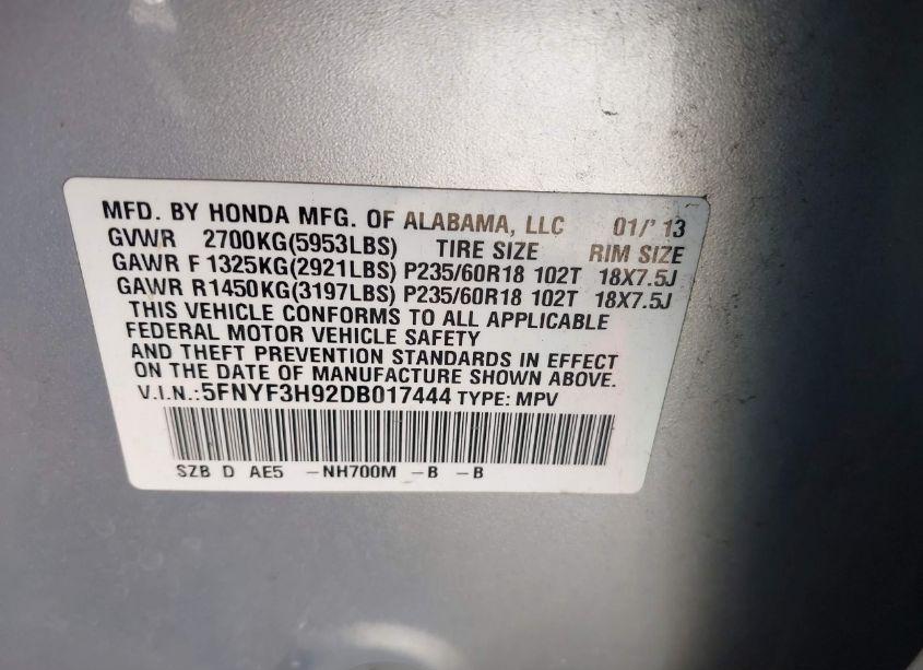 Photo 9 of 2013 Honda Pilot TOURING (VIN 5FNYF3H92DB017444)