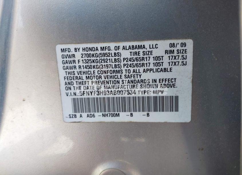 Photo 9 of 2010 Honda Pilot TOURING (VIN 5FNYF3H93AB007534)